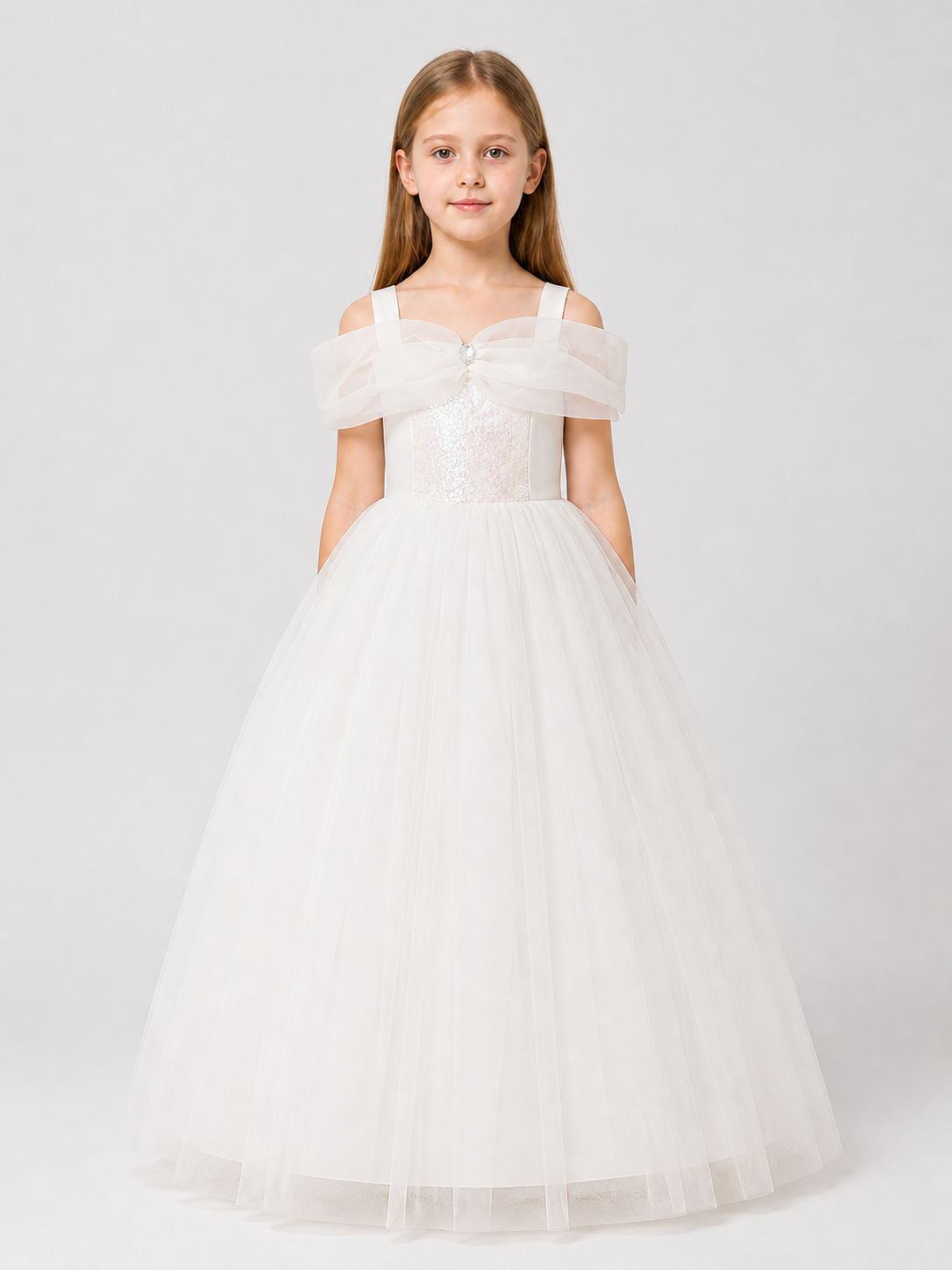 Children’s White Princess Dress with Spaghetti Straps and Sequins product detail 3