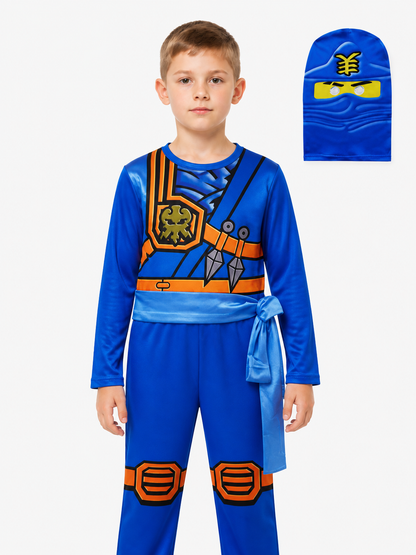 Blue Ninja Jumpsuit with Mask and Orange Belt Costume Masks detail 3