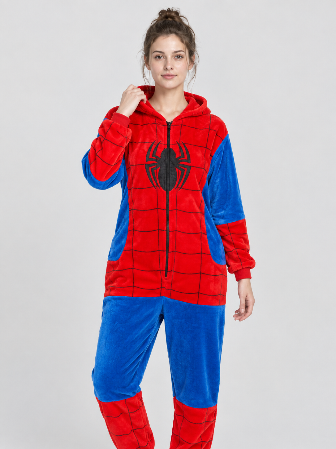 Hooded Jumpsuit Pajama in Red and Blue Colorway