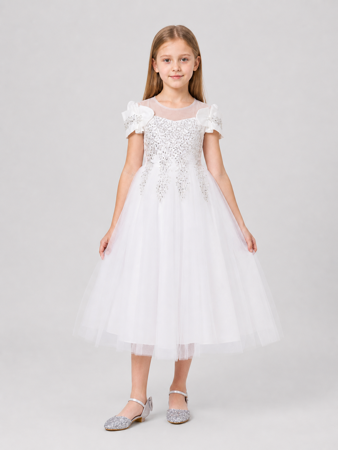 Girls' White Long Princess Dress with Sequins Costume Dresses detail 3