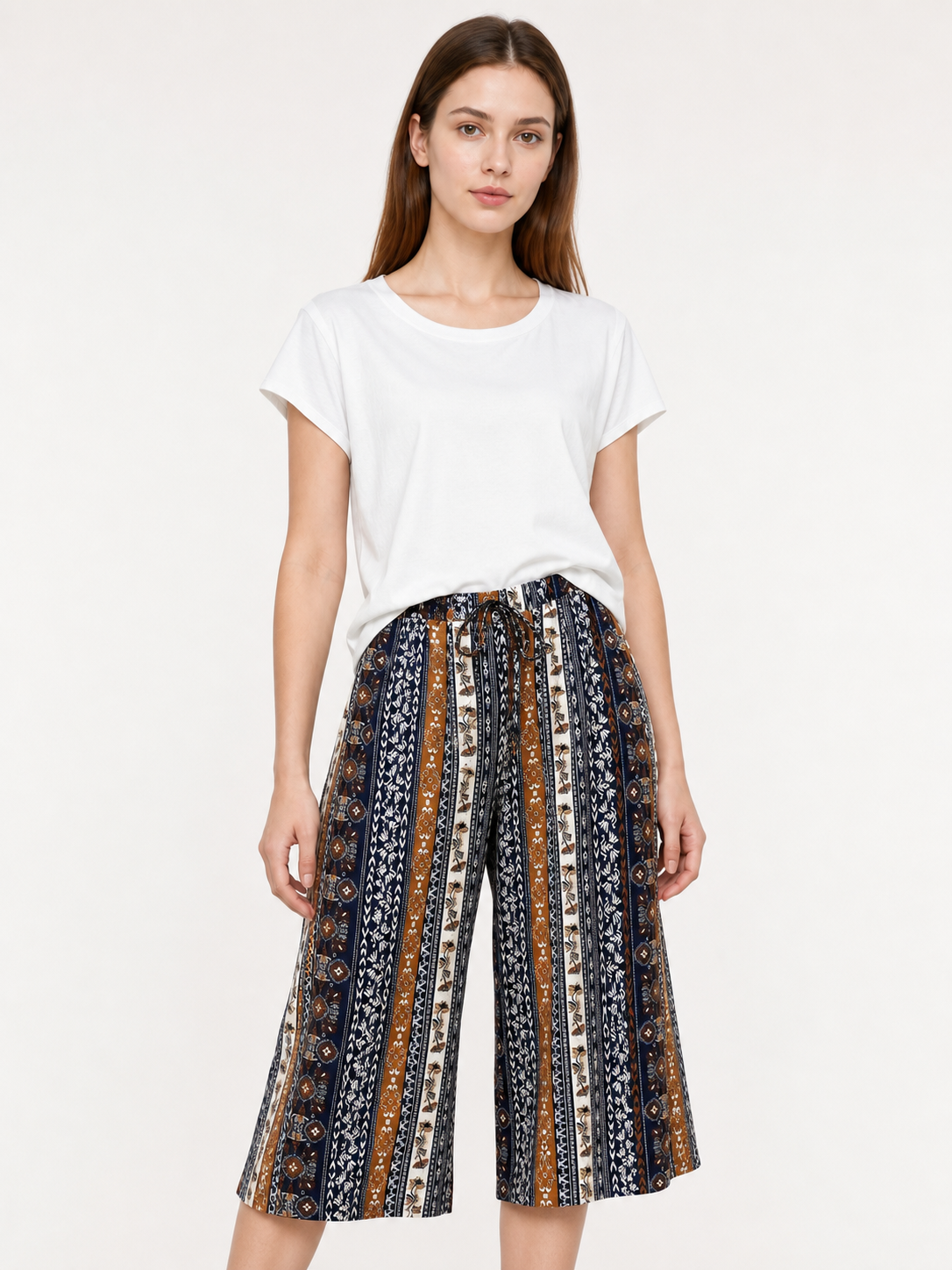 Bohemian High-Waist Wide-Leg Drawstring Pants with Multi-Color Vertical Stripes front view
