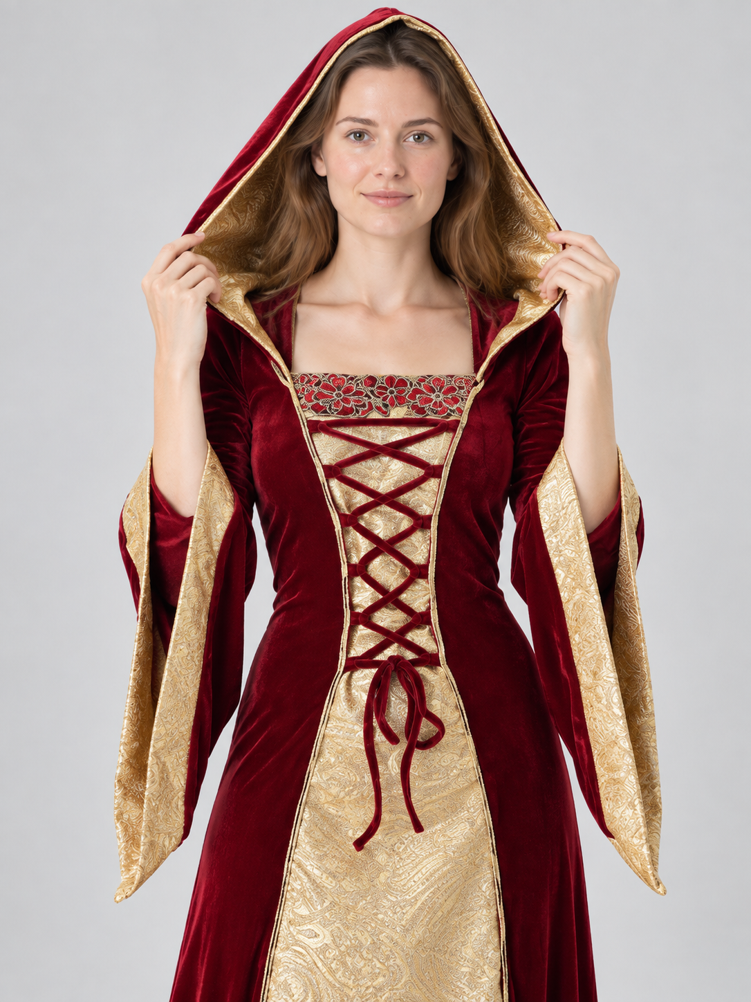 Long Burgundy and Gold Carnival Dress with Hood