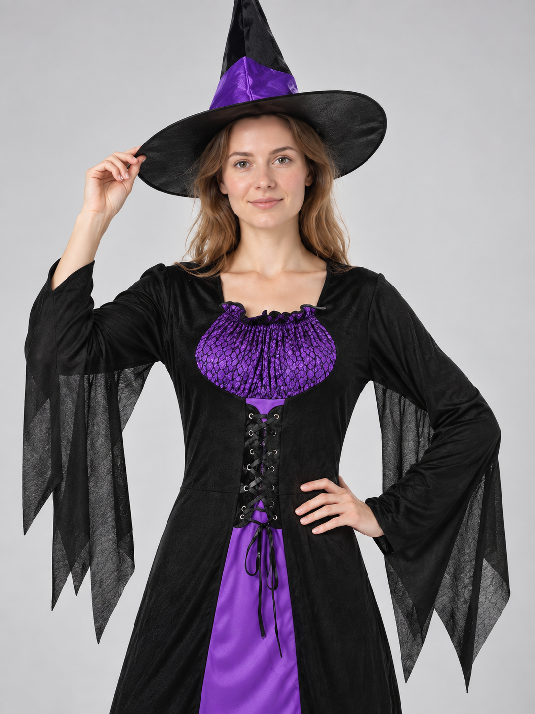 Witch Costume: Long Black and Purple Dress, Hat