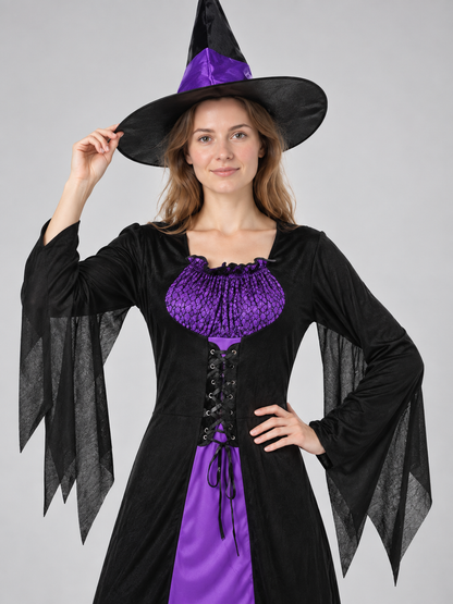 Witch Costume: Long Black and Purple Dress, Hat