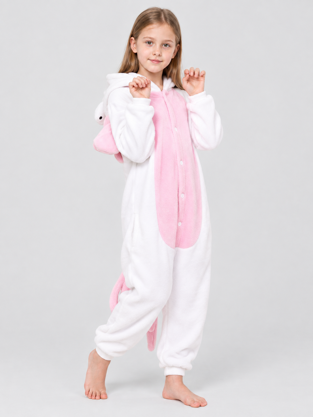 White and Pink Kids' Hooded Pajama Jumpsuit