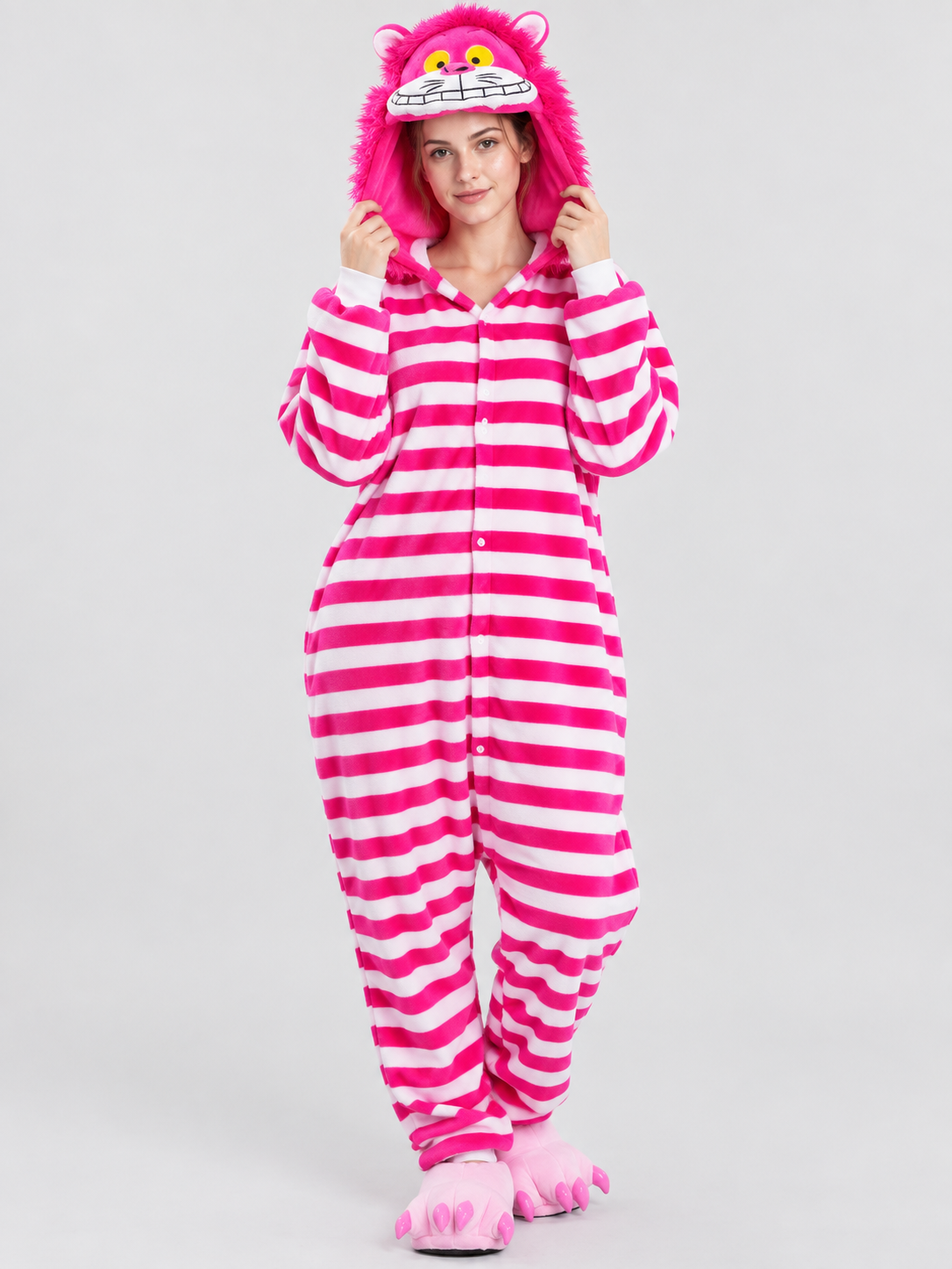 Bright pink hooded pajama jumpsuit with ears