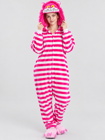 Bright pink hooded pajama jumpsuit with ears