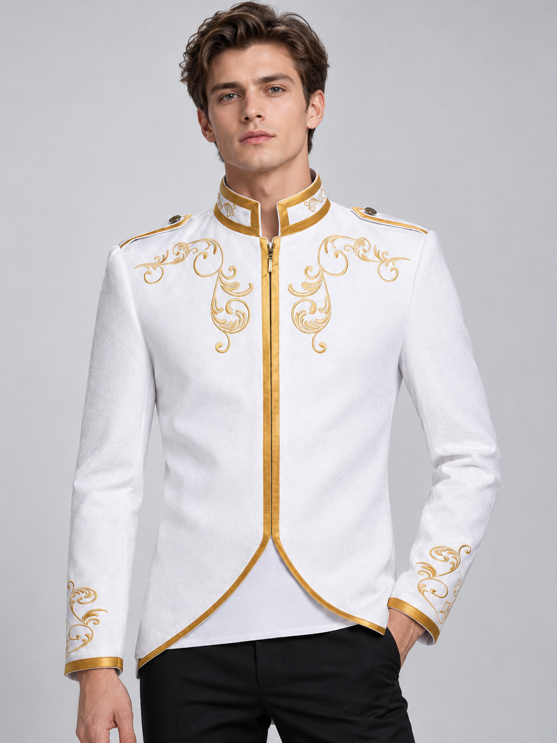 Vampire Halloween Costume: White Jacket with Gold Embroidery