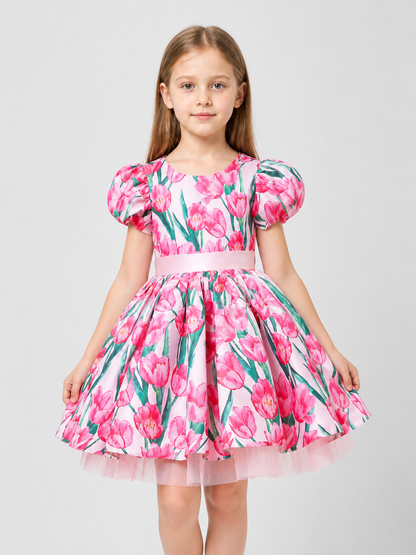Girls' Tutu Dress with Puff Sleeves and Tulips Costume Dresses detail 3