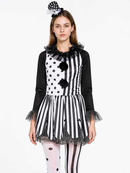 Polka Dot and Striped Clown Costume with Pom-Poms Costumes detail 3