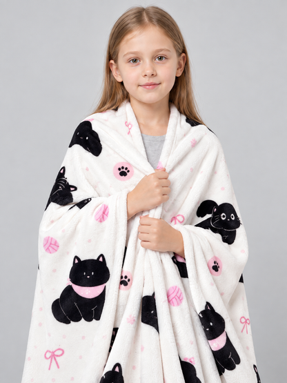 Reversible White Blanket with Cat and Bow Print