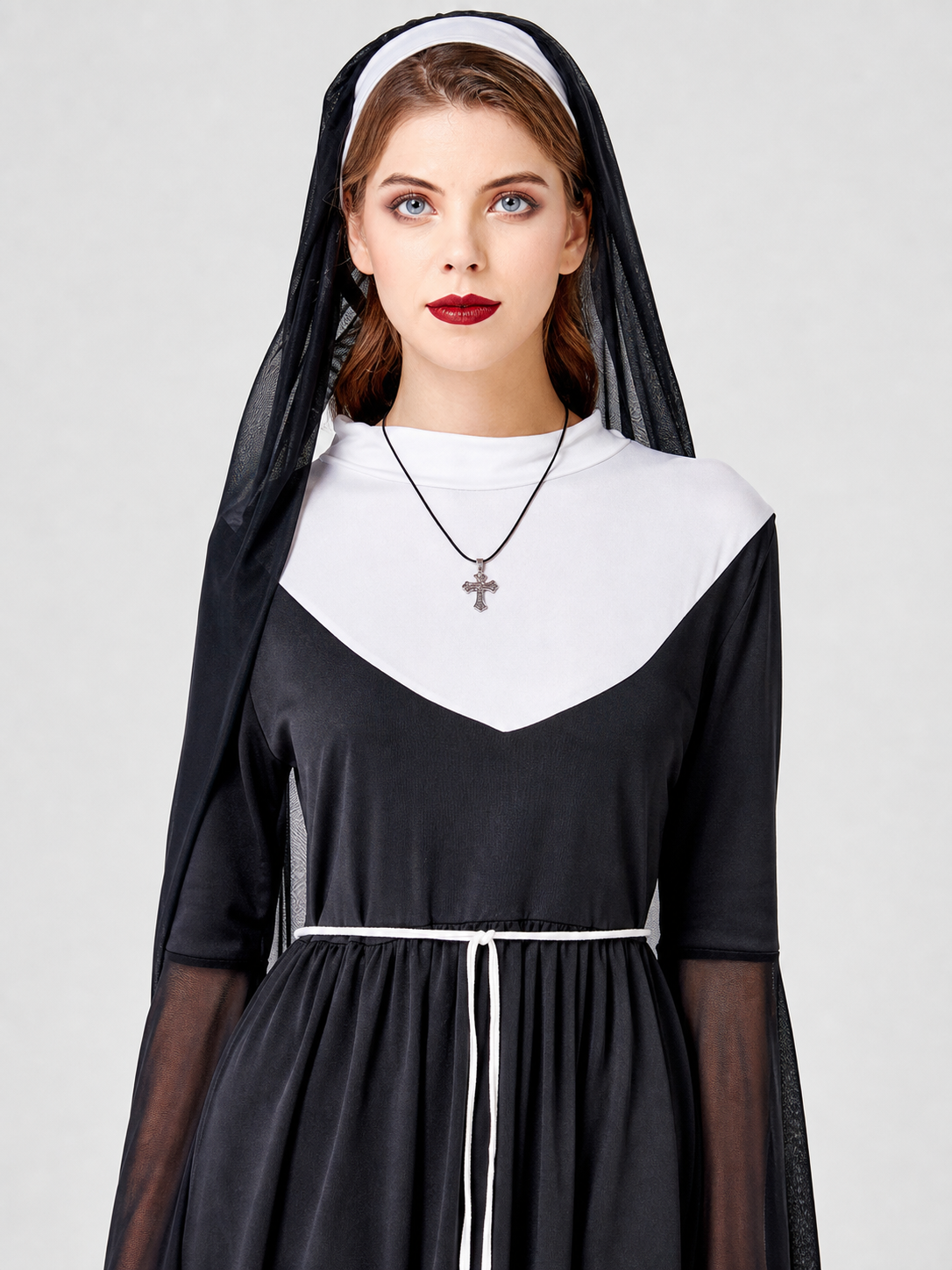Robe Costume with Veil, White Collar, and Sleeves