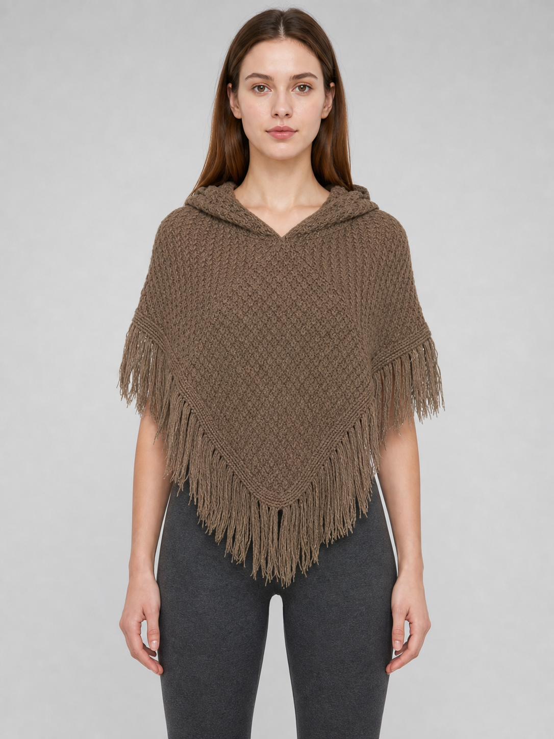 Triangle Hooded Cape with Fringe, Brown