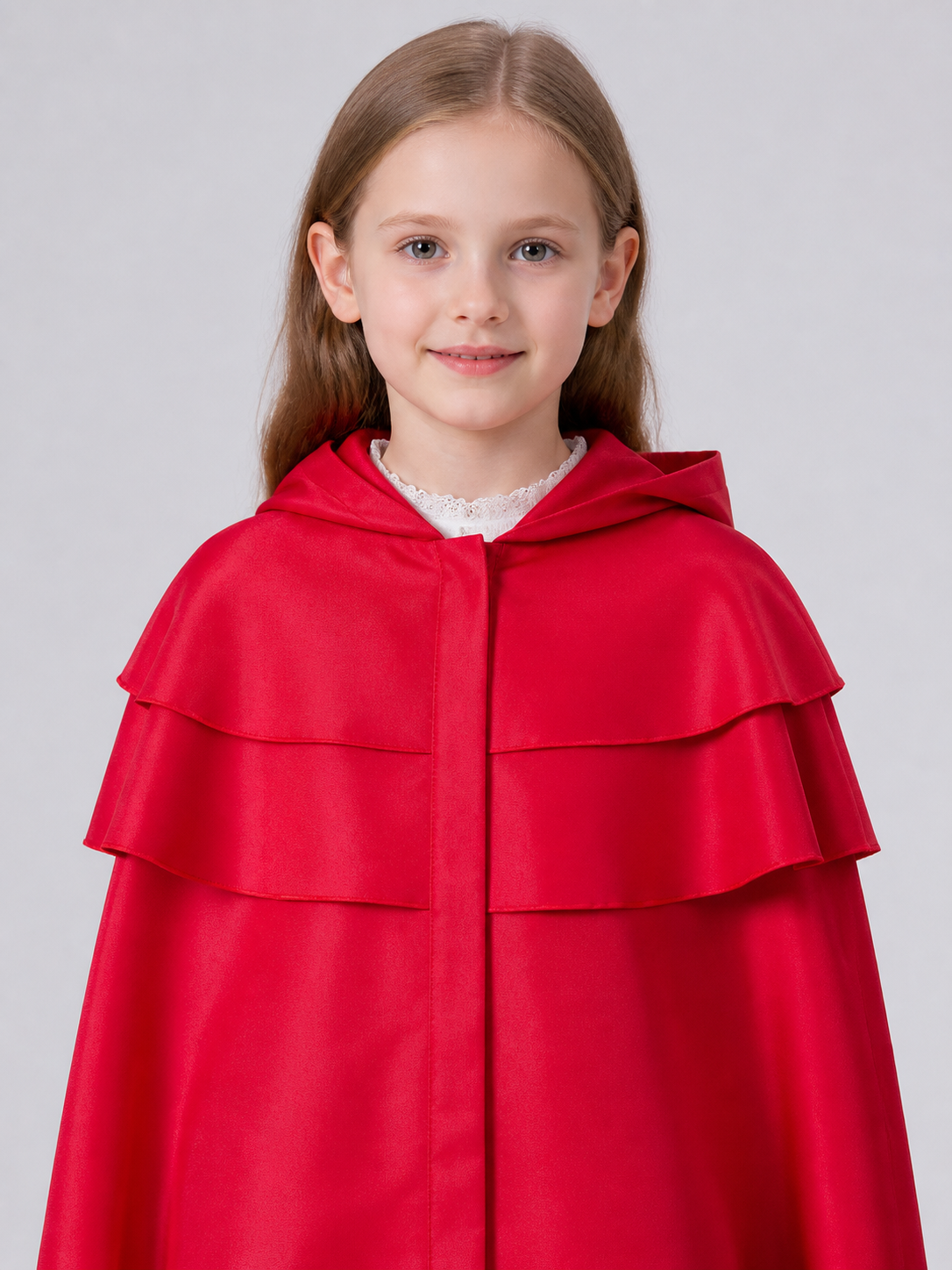 Red Hooded Cape with Three Tiers of Ruffles
