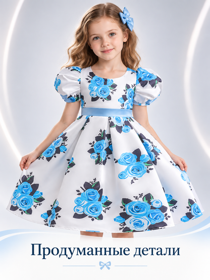 Girls' White Dressy Dress with Blue Roses and a Bow