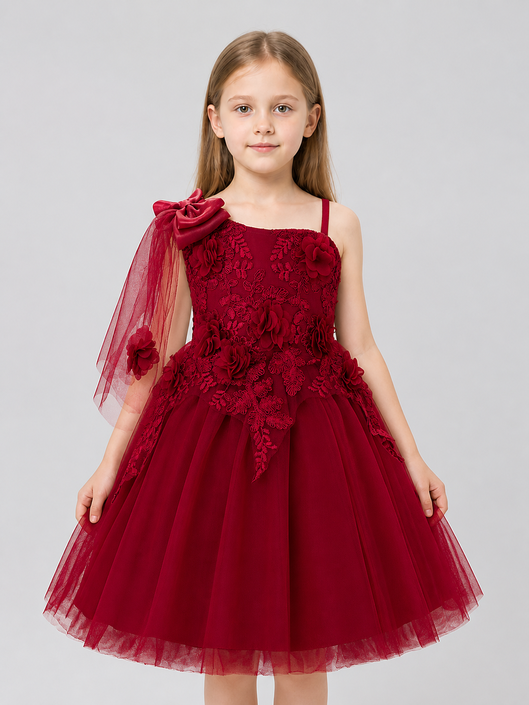 Burgundy children's tutu dress with lace and flowers Costume Dresses detail 3