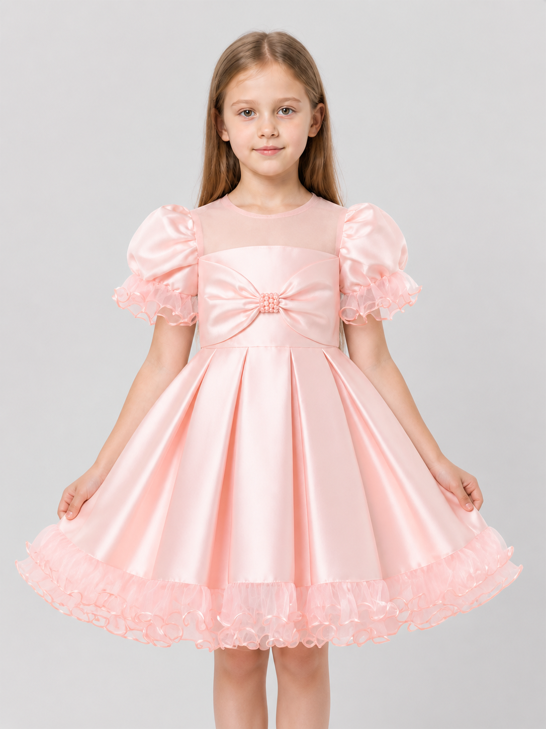 Pink Princess Dress for Girls with a Full Skirt and Bow