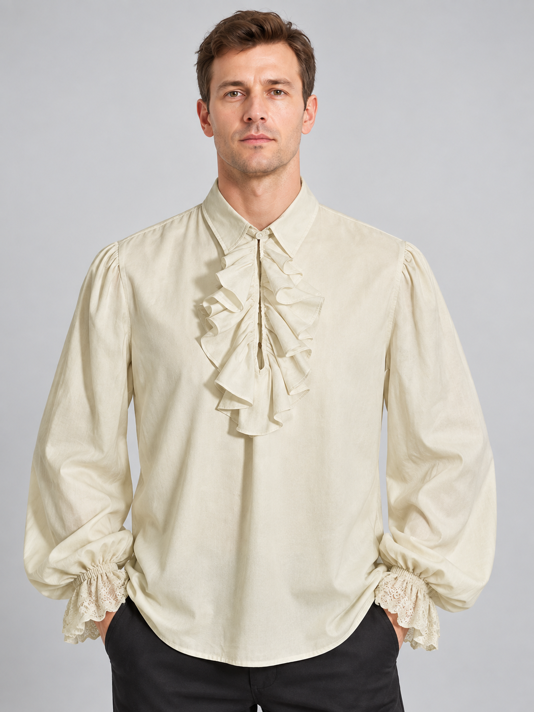 Beige shirt with a jabot and ruffled cuffs