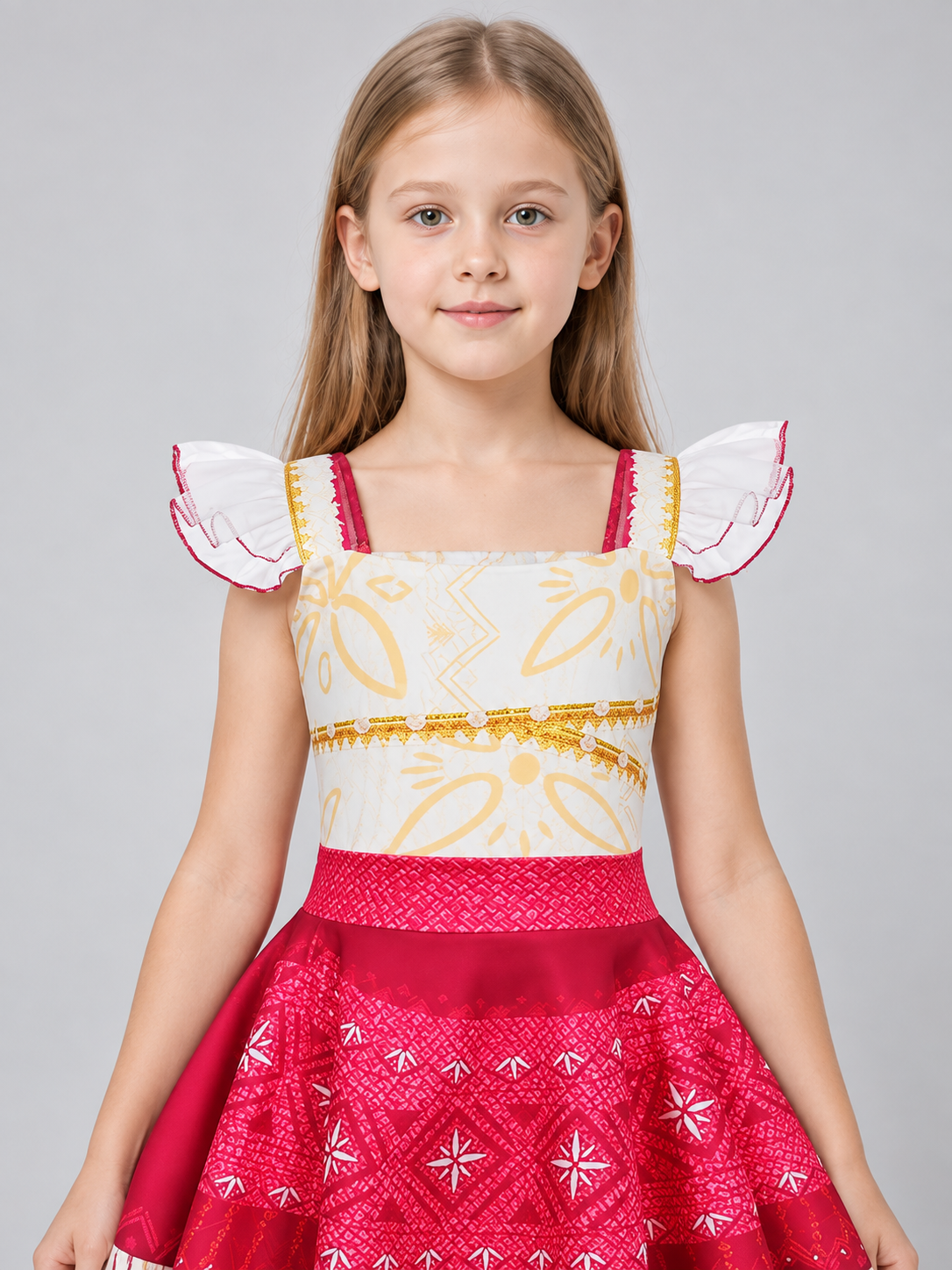Dress with a white bodice, red skirt, and fringe