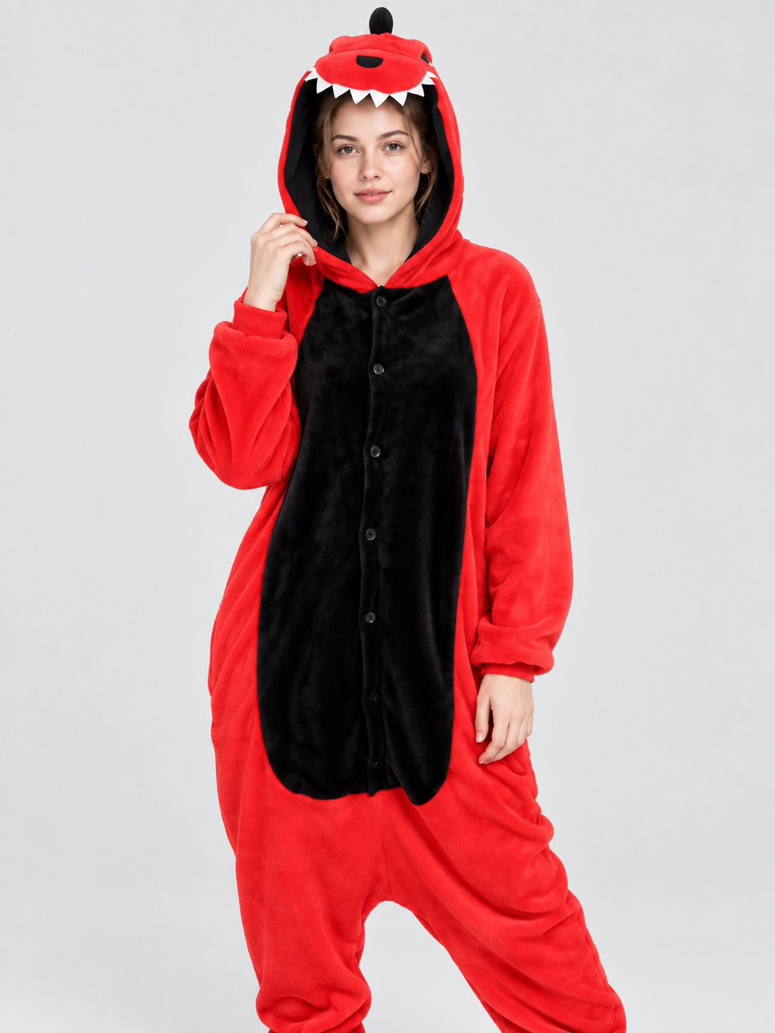 Red and black dragon onesie pajama with a voluminous hood