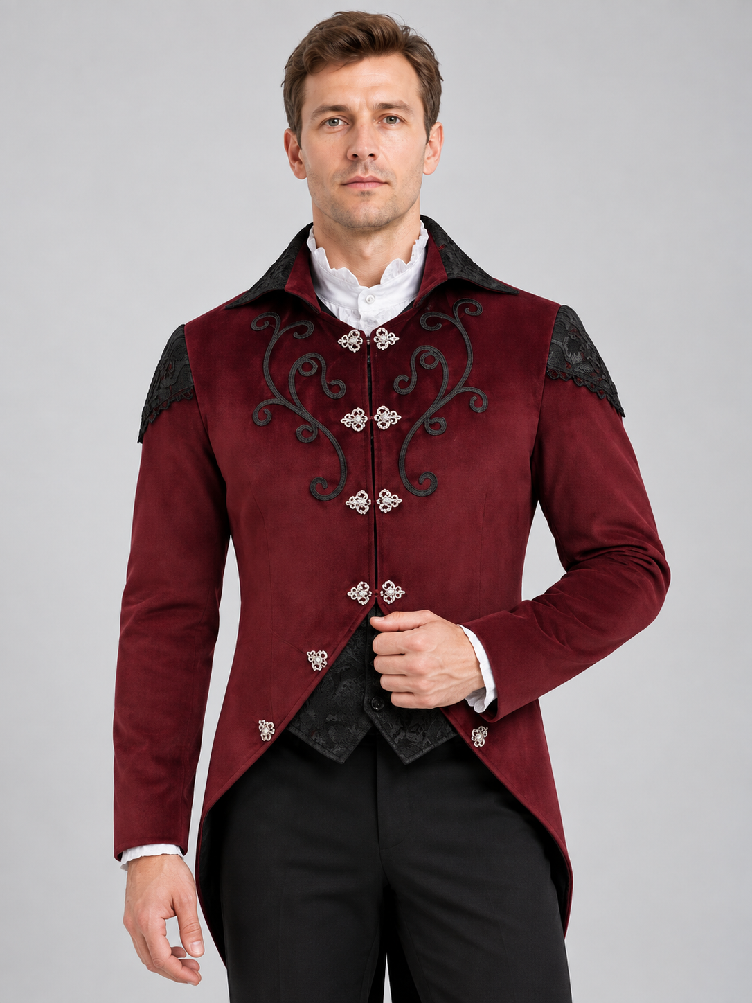 Burgundy carnaval tailcoat with black lace and embroidery