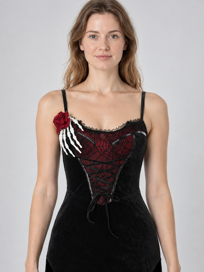 Black vampire-style dress with red spiderweb and rose
