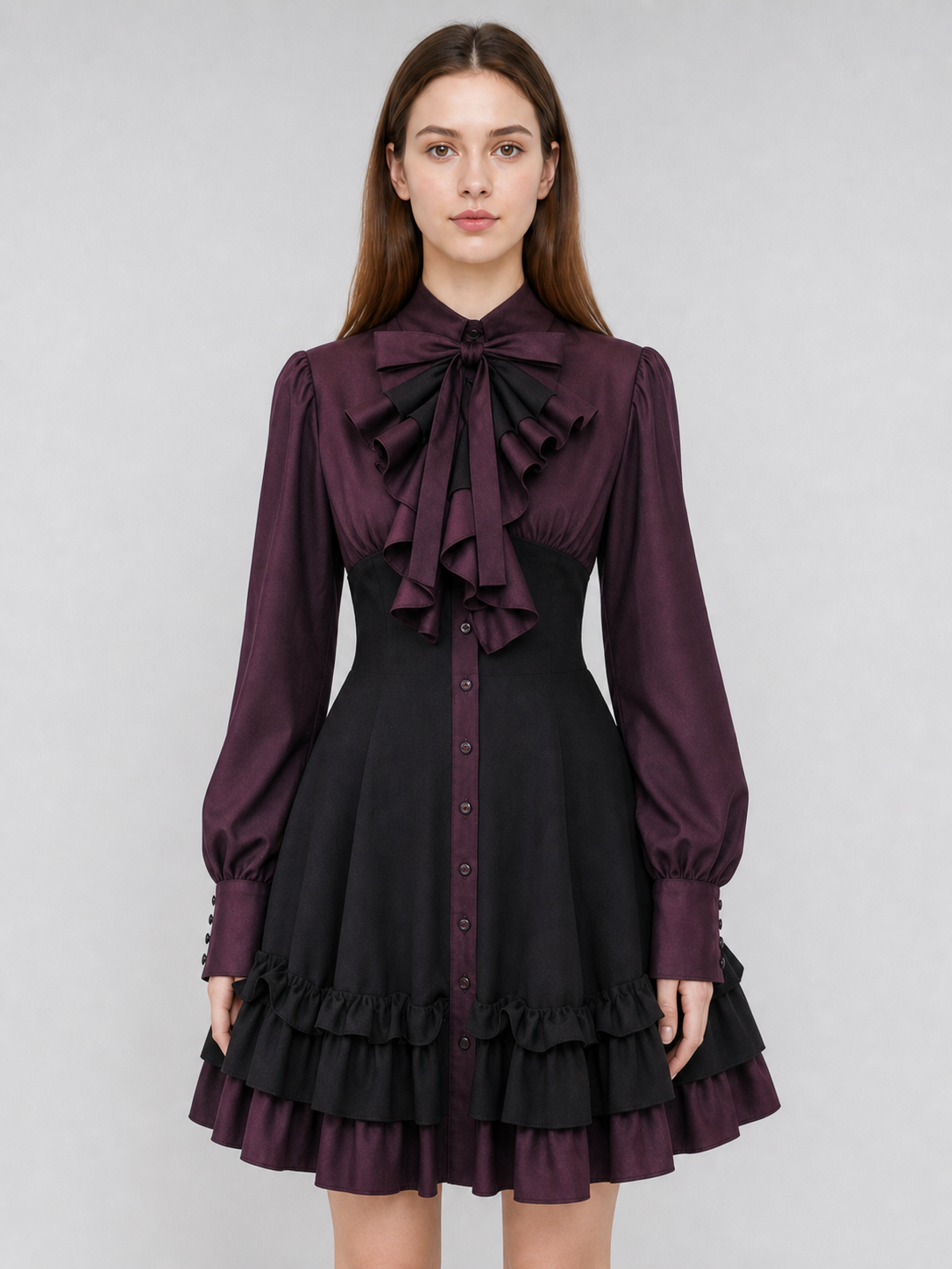 Women’s Gothic Renaissance Dress, Medieval Steampunk Style, Black And Burgundy Long Sleeve High Neck Ruffle A-Line Costume Outfit