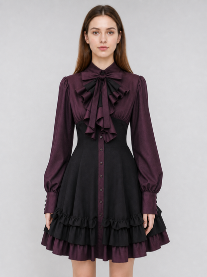 Women’s Gothic Renaissance Dress, Medieval Steampunk Style, Black And Burgundy Long Sleeve High Neck Ruffle A-Line Costume Outfit