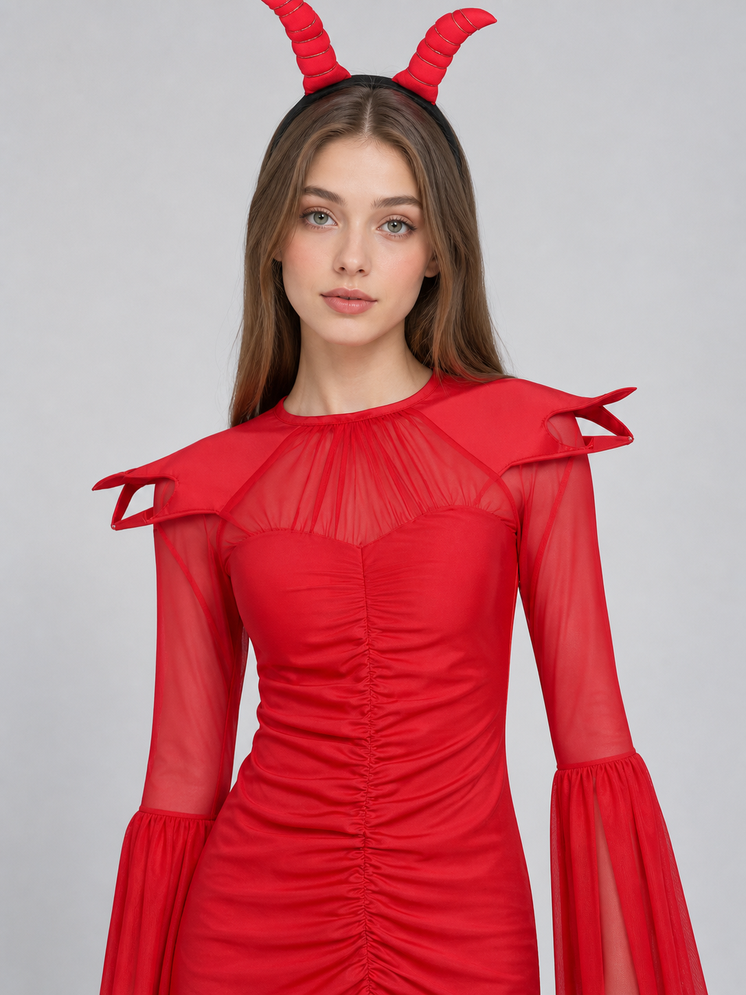 Demon Costume with Horns, Red Mesh Dress