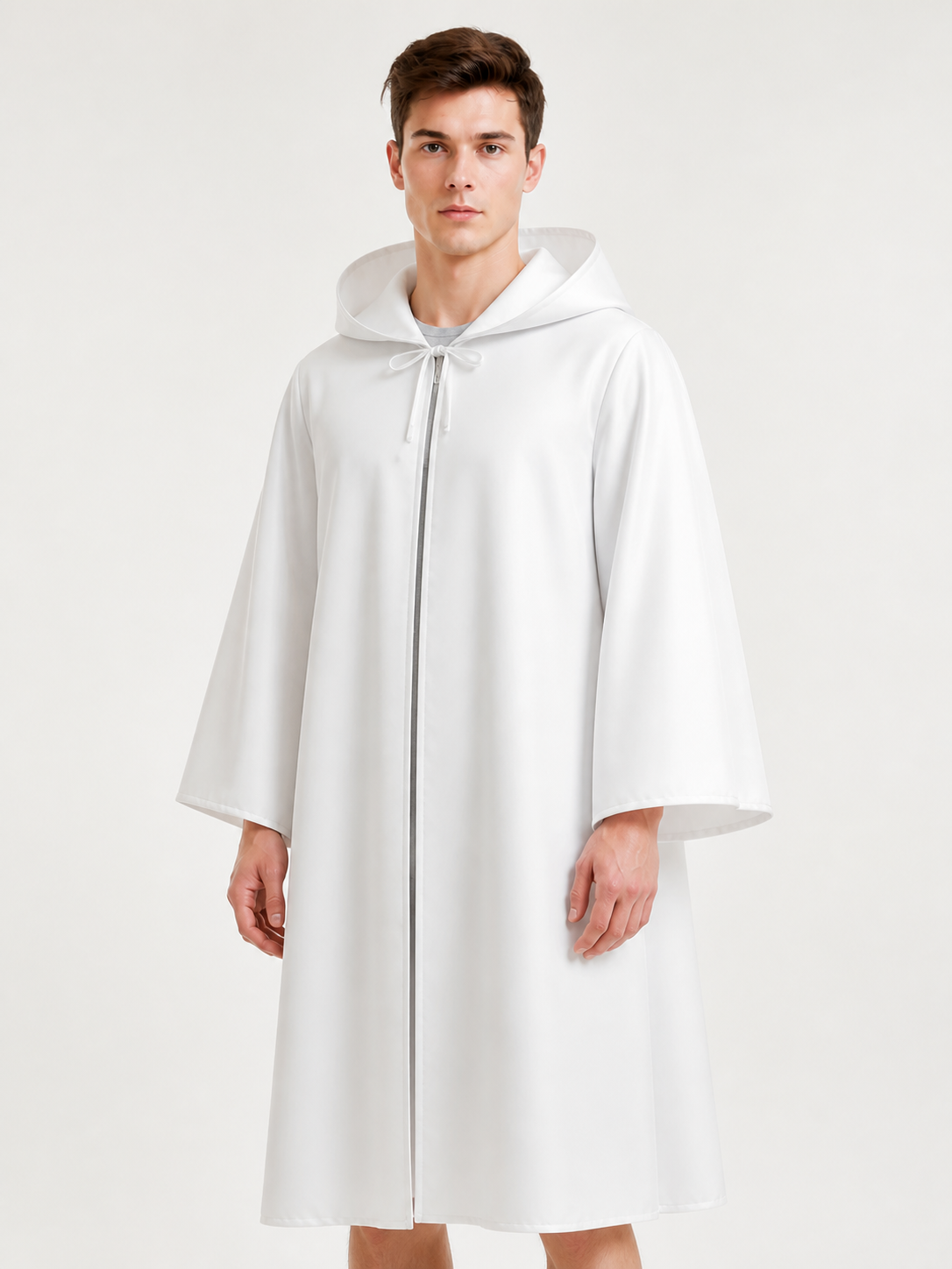 White Hooded Carnival Cloak for Halloween and Cosplay upper body view
