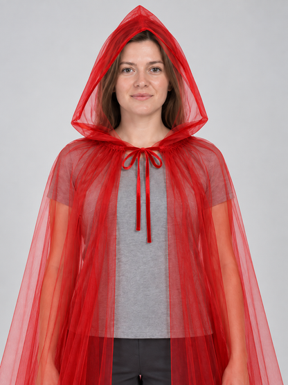 Long red sheer mesh hooded cape cloak