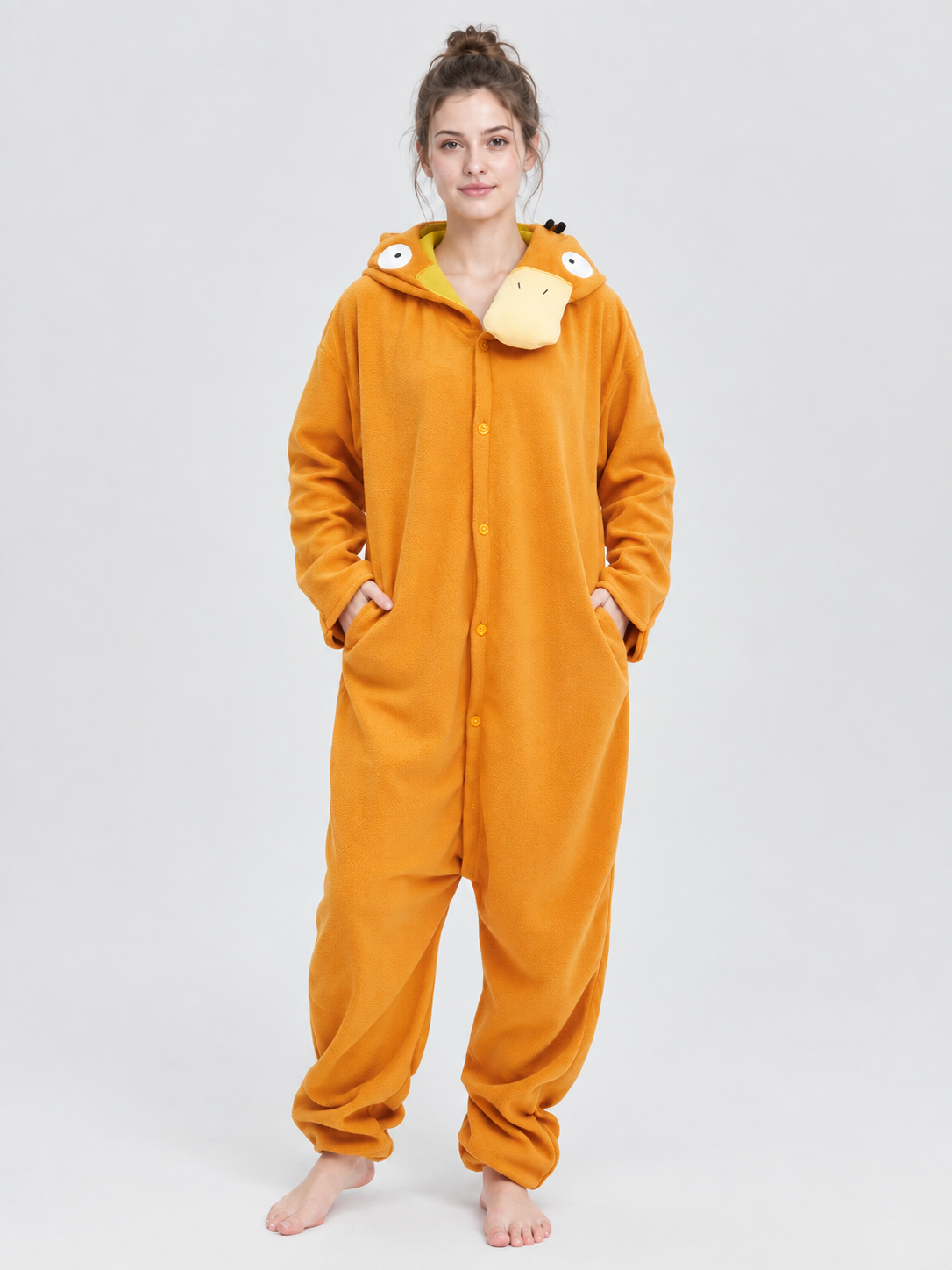 Orange Fleece Jumpsuit Pajama with Oversized Hood