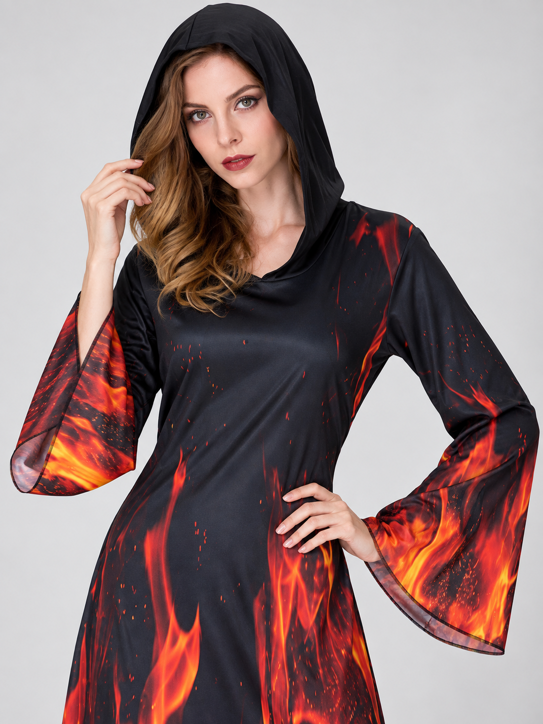 Carnival Dress with Hood, Black with Flame Print