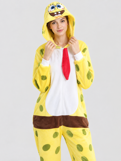 Yellow one-piece kigurumi pajama with cartoon-face hood