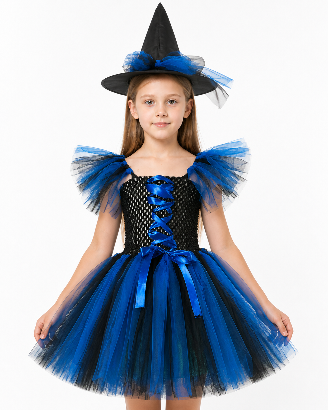 Blue and Black Witch Costume with Full Skirt and Hat Costume Headwear detail 3