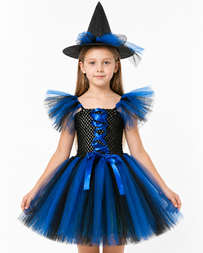Blue and Black Witch Costume with Full Skirt and Hat Costume Headwear detail 3