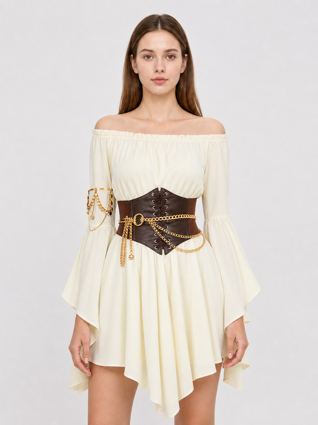 Off-Shoulder Dress with a Lace-Up Waist Belt