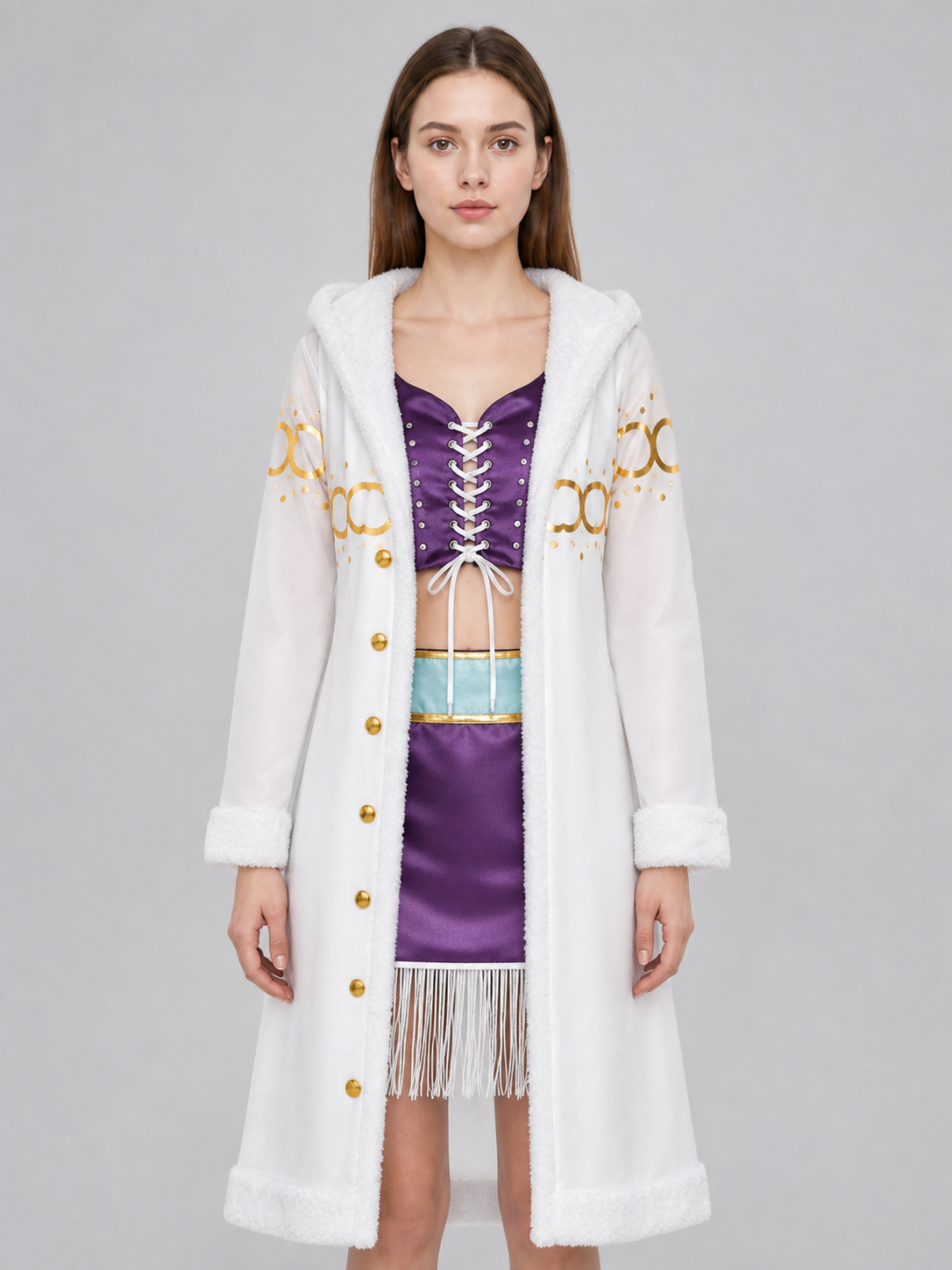Cosplay Costume with White Fluffy Trim and Vest