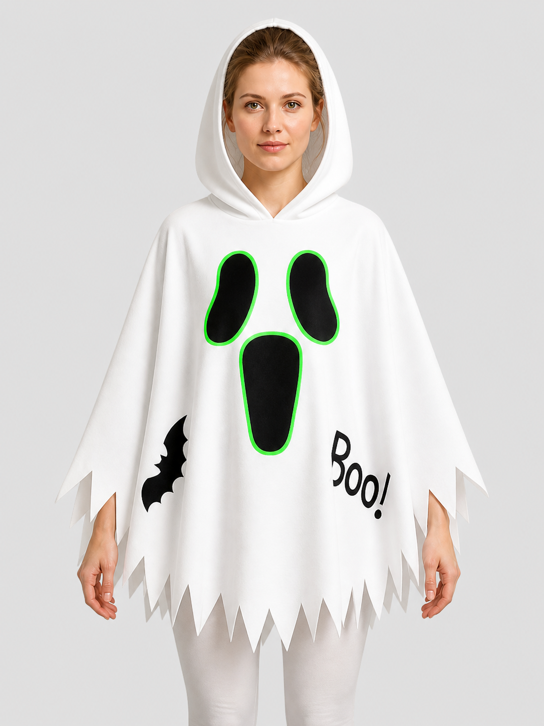 White Halloween Hooded Cape with Ghost Print upper body view