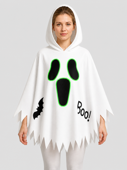 White Halloween Hooded Cape with Ghost Print upper body view