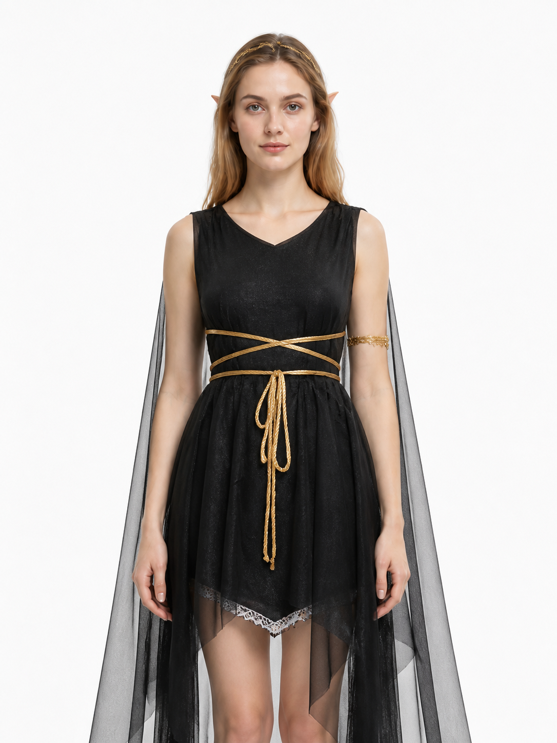 Greek Goddess Costume with Cape, Black with Gold Belt Costume Capes detail 3
