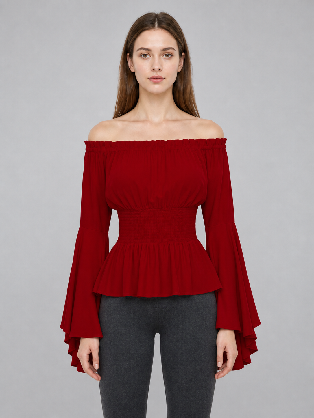 Long-Sleeve Peplum Blouse, Deep Red
