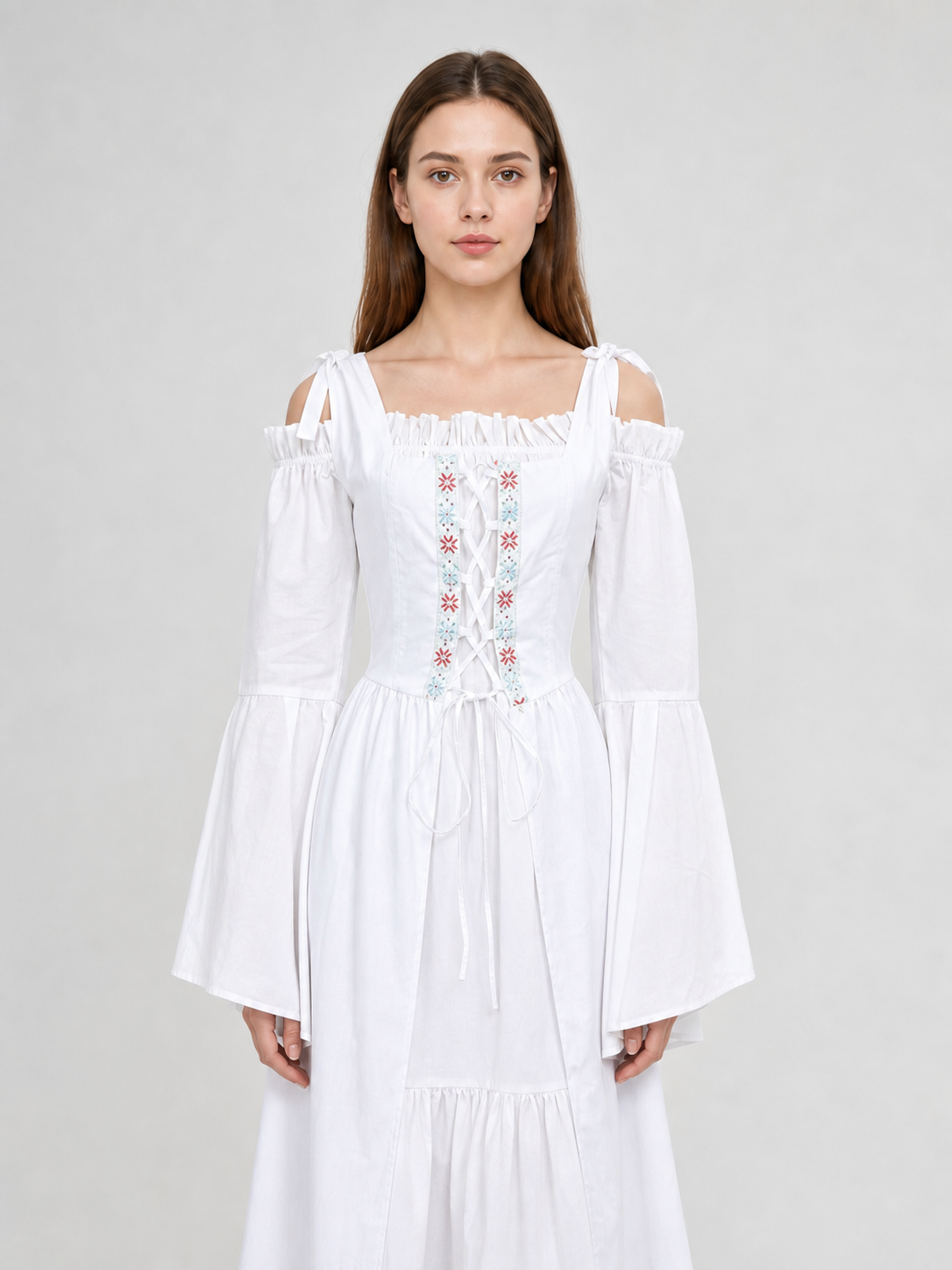 Maxi Dress with Embroidery and Lacing in a Retro Style