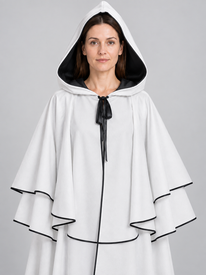 Long White Hooded Cloak with Black Trim