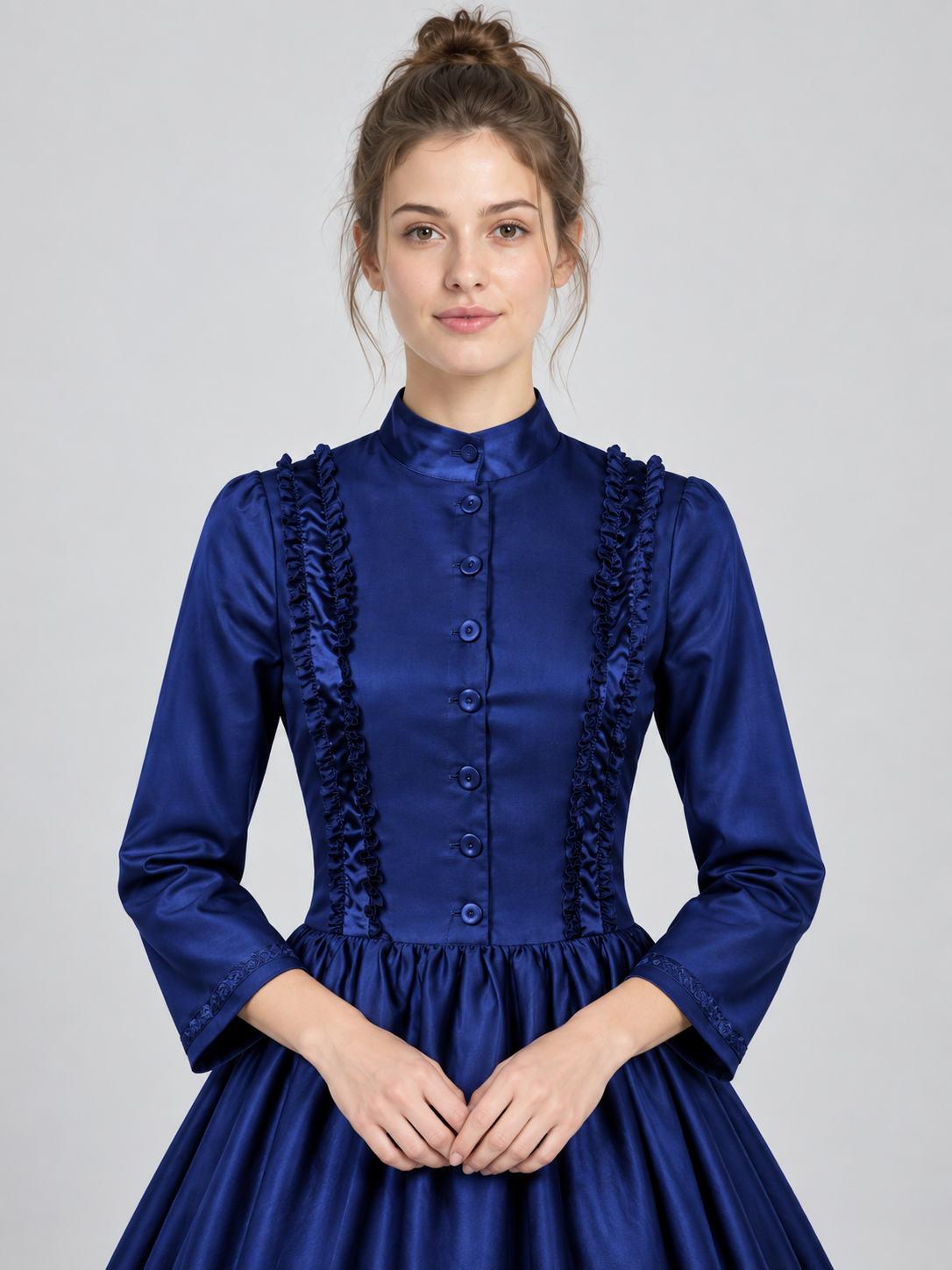 Dark blue medieval dress with a stand collar