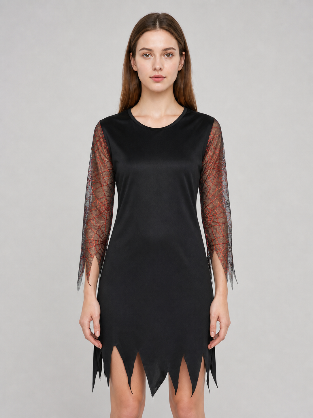 Halloween costume set for a standout look and themed events. The set includes a pointed wide-brim hat and a one-piece long-sleeve dress. The style is mostly black, while the semi-sheer sleeves made from lightweight mesh have a dark red-and-