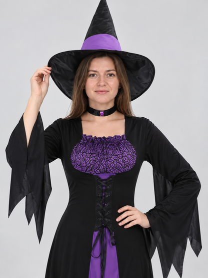 Black Witch Costume with Purple Inserts, Dress and Hat