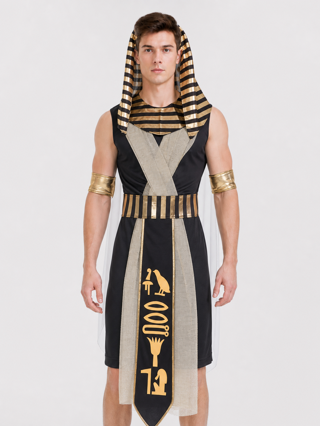 Pharaoh Costume with Nemes Headdress and Golden Hieroglyphs
