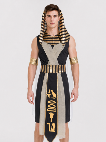 Pharaoh Costume with Nemes Headdress and Golden Hieroglyphs