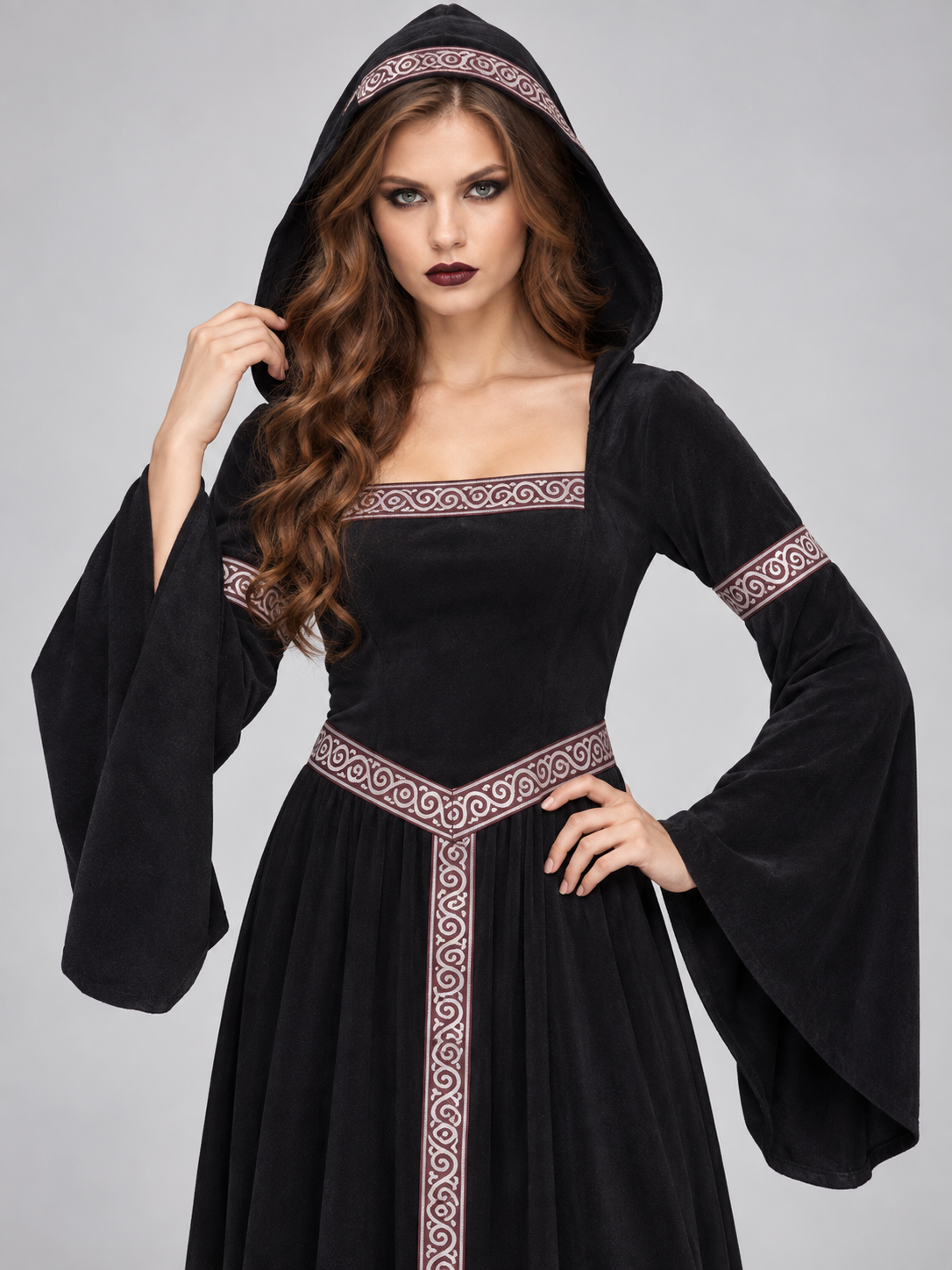 Black Witch Costume with Hood, Belt, and Bell Sleeves